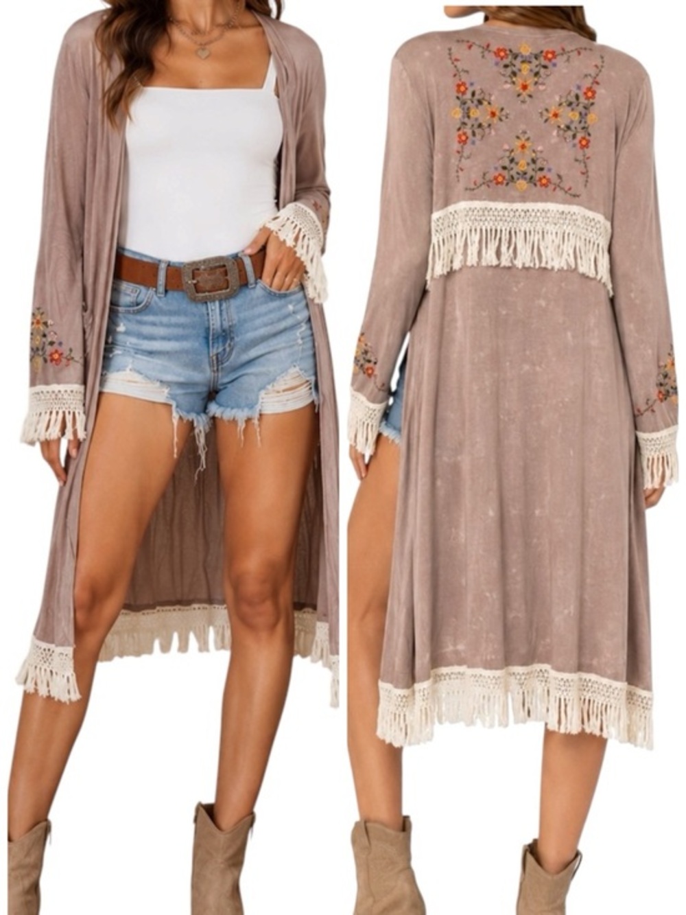POL Boho Taupe Embroidered Fringe Duster Cardigan Floral Open Cover Up M